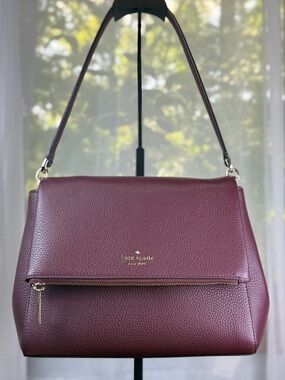 Kate Spade Leila Medium Flap Shoulder Bag Burgundy Leather + Crossbody Strap EUC